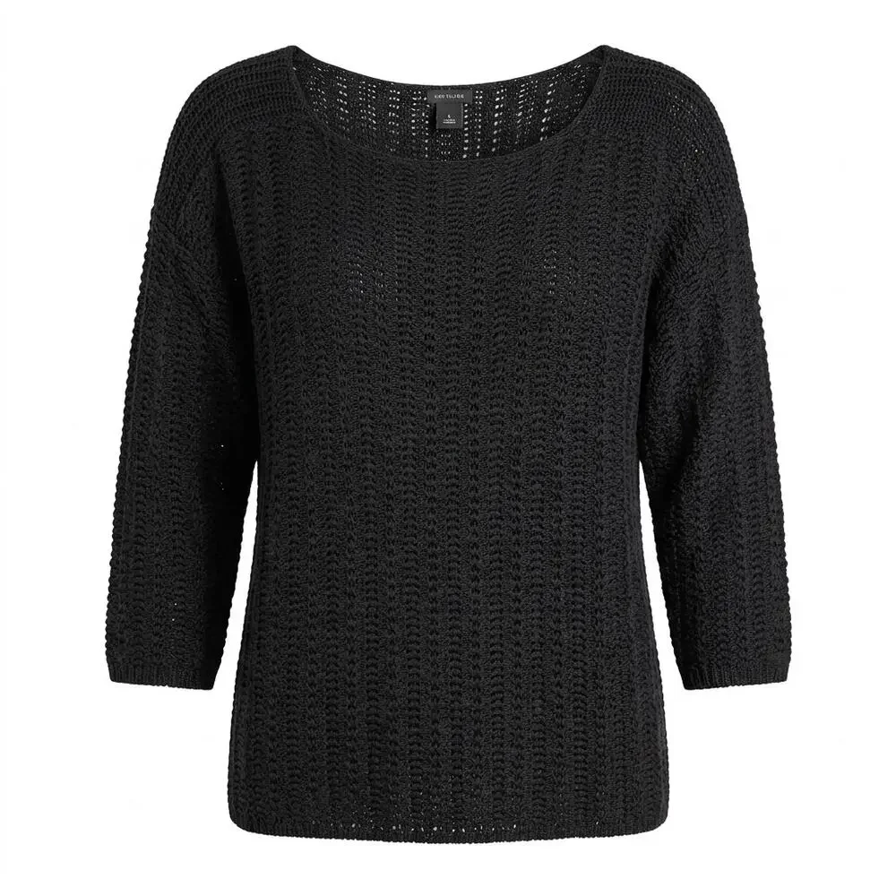 Ann Taylor Black Open Knit Scoop Neck 3/4 Sleeve Sweater Women Size L